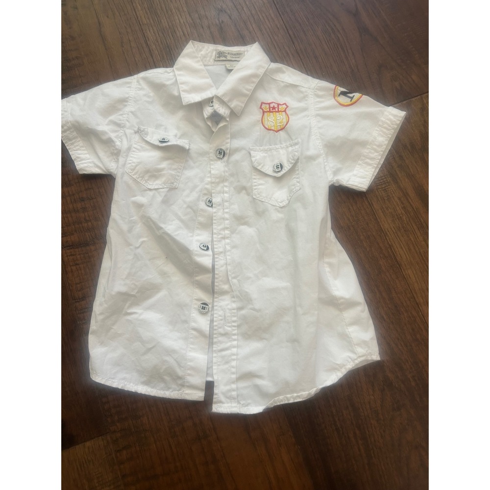 Burberry London Kids White Short Sleeve Button Down Shirt Crest Patch 4T